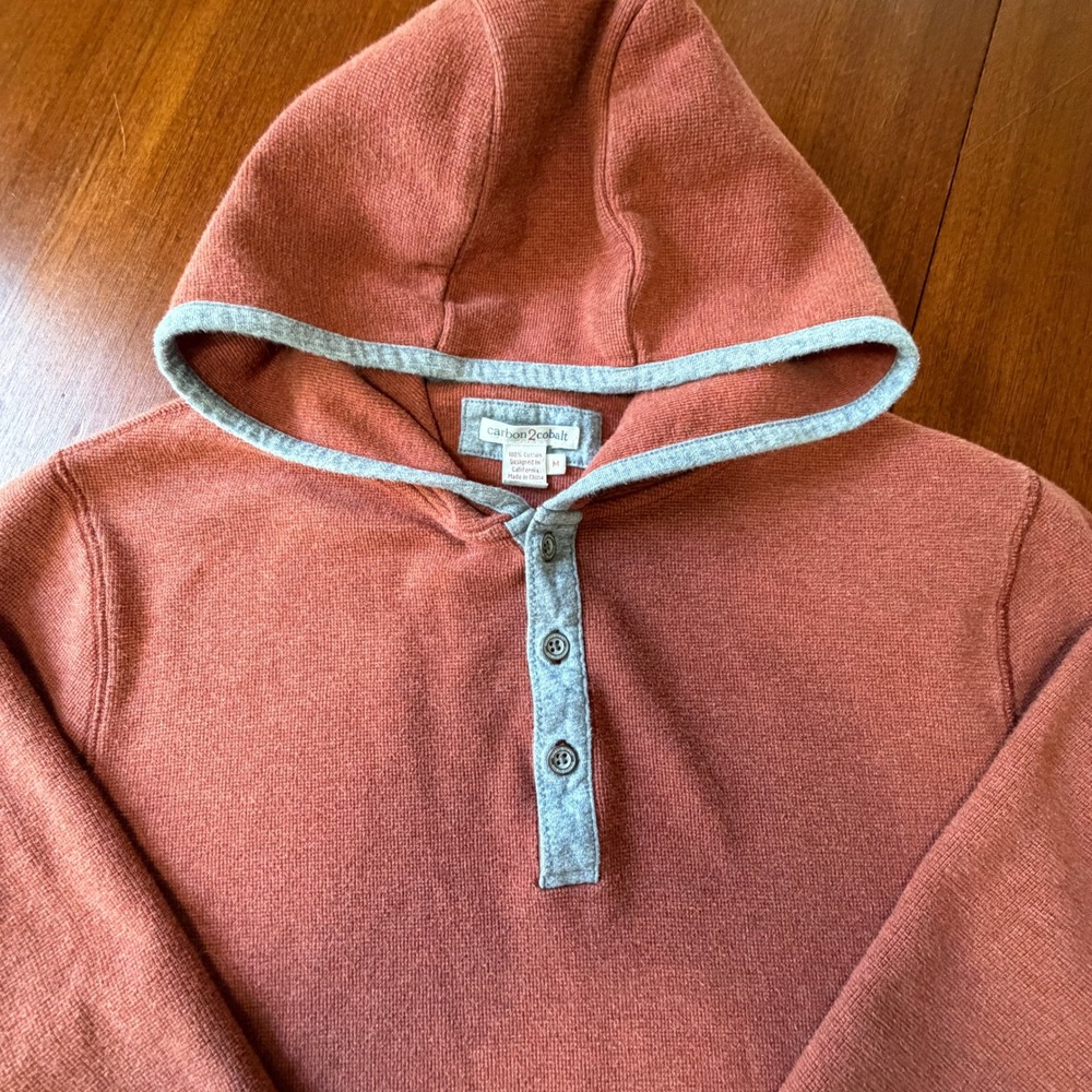 Carbon2Cobalt Rust Orange Waffle Knit Henley Hoodie Trim Mens M Gorpcore